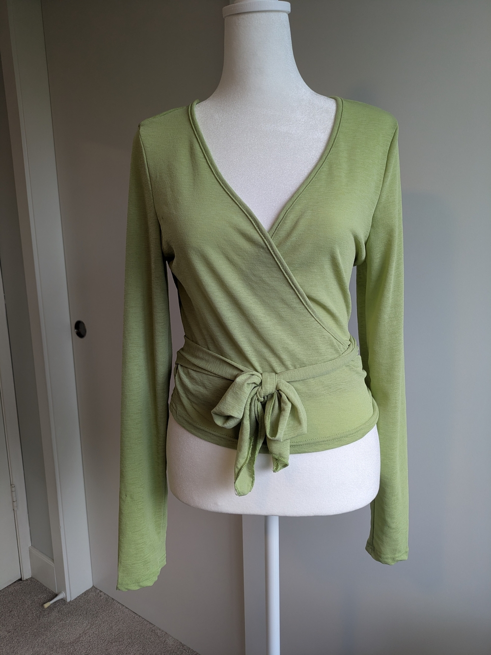 Green Wrap Tie-Front Long-Sleeve Top